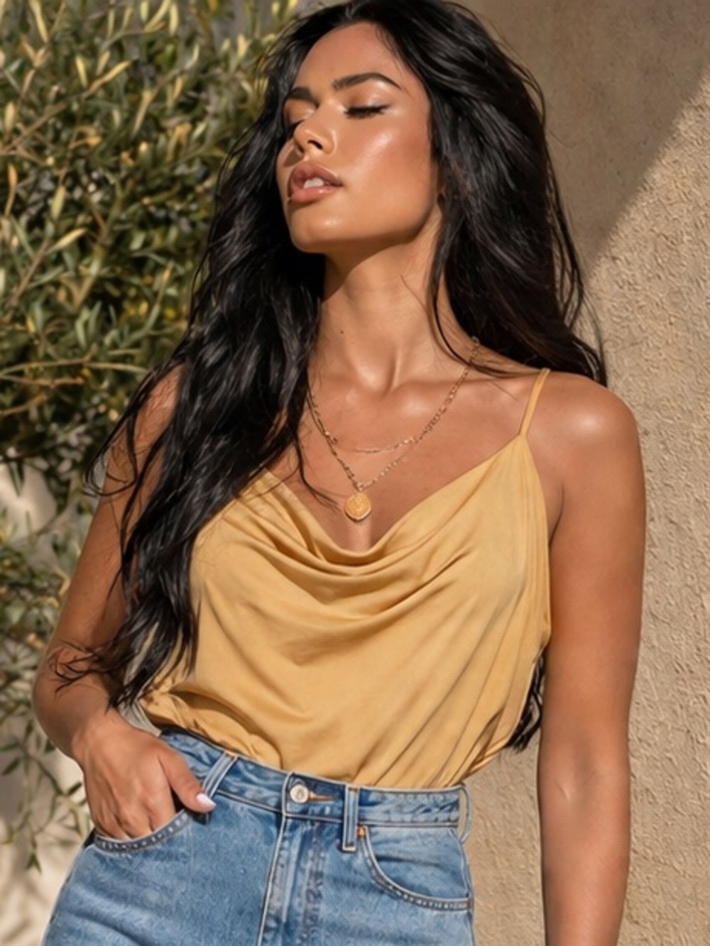 Draped Cowl Neck Tank Top in Mustard